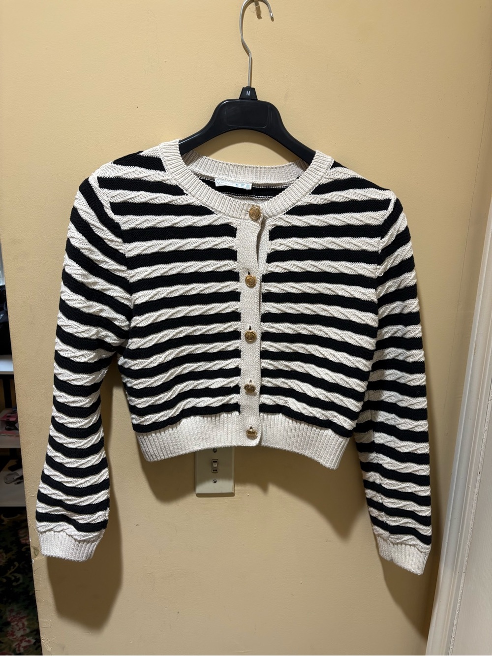 Striped Black and White Cropped Button-Front Sweater